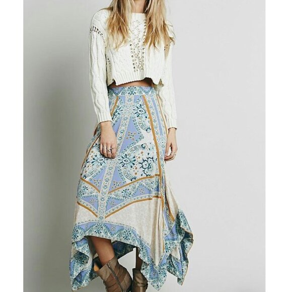 Free People Dresses & Skirts - Free People A Line Asymmetrical Midi Skirt Bohemian Blue Print Rayon Sz M